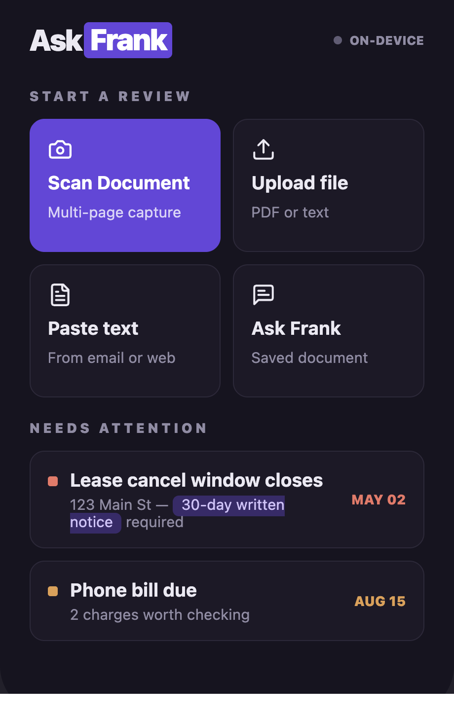 AskFrank app entry screen shown on the phone in the marketing page