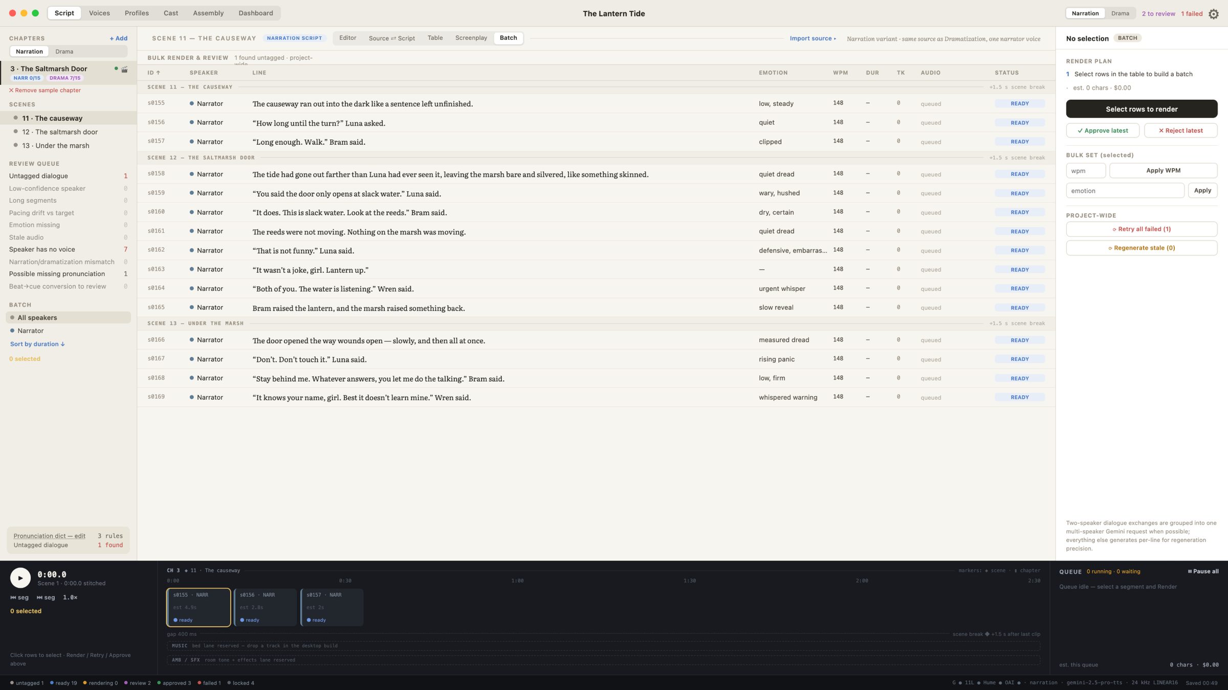 Audiobook Studio script table with speakers, emotion direction, and render status