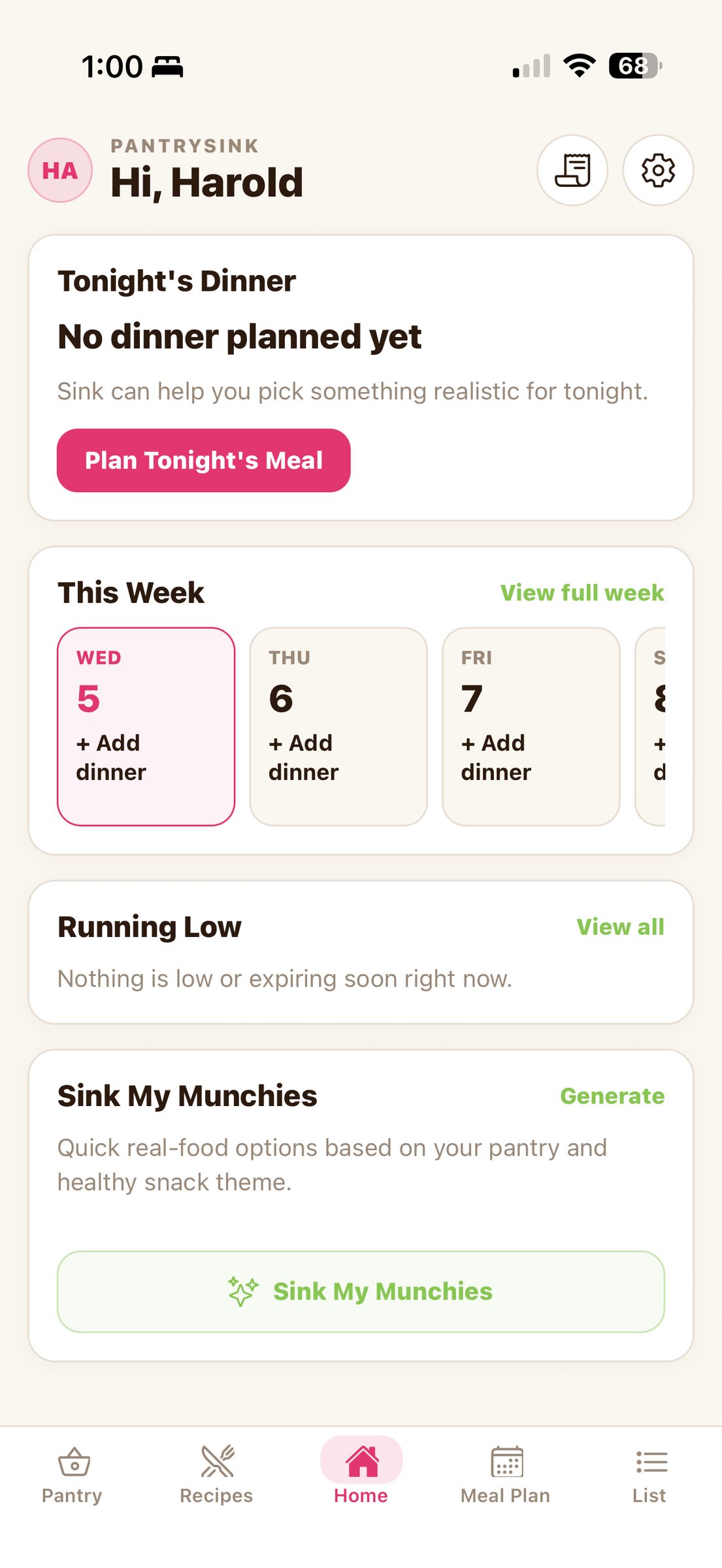 PantrySink home screen on iPhone